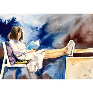 Girl Reading Watercolor Painting Young Woman Artwork Book Painting