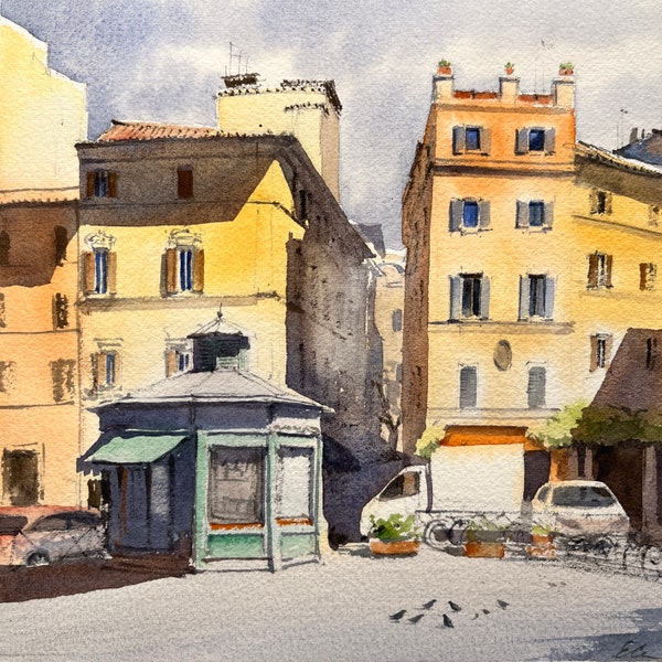 Rome Italy Original Watercolor Painting Rome Street Artwork City View Painting Roman Cityscape Art Italian City Painting Original Art