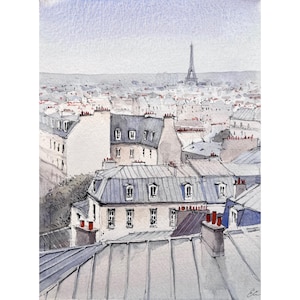 Toits de Paris Peinture à l&#39;aquarelle originale Oeuvre de la Tour Eiffel Vue parisienne Décoration murale française Art mural du ciel de Paris