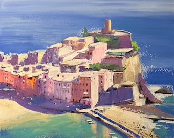 Origineel schilderij uit Italië, Cinque Terre, kunstwerk 8x8 inch, Vernazza schilderij, Italiaanse huizen, kleurrijk stadsschilderij, Ligurië