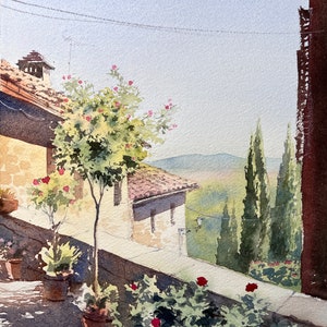 Italy Tuscany Original Watercolor Painting Italian Landscape Tuscany Roses Painting Small Town Artwork Tuscany View Painting Original Art