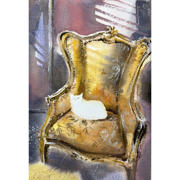 Chat sur fauteuil, peinture aquarelle originale, bel intérieur de pièce, chaton mignon, peinture intérieure italienne, petite aquarelle