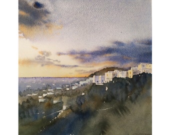 Italy Original Watercolor Painting Italian Sunset View Italy Landscape Art Town on the Hill Artwork by CaterinaWatercolors