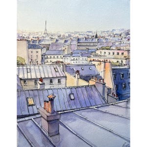 Paris Roofs Original Watercolor Painting Eiffel Tower Artwork Parisian View French Wall Decor Paris Sky Wall Art