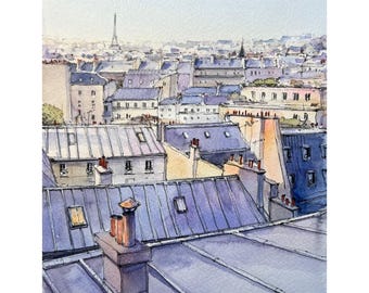 Paris Roofs Original Watercolor Painting Eiffel Tower Artwork Parisian View French Wall Decor Paris Sky Wall Art