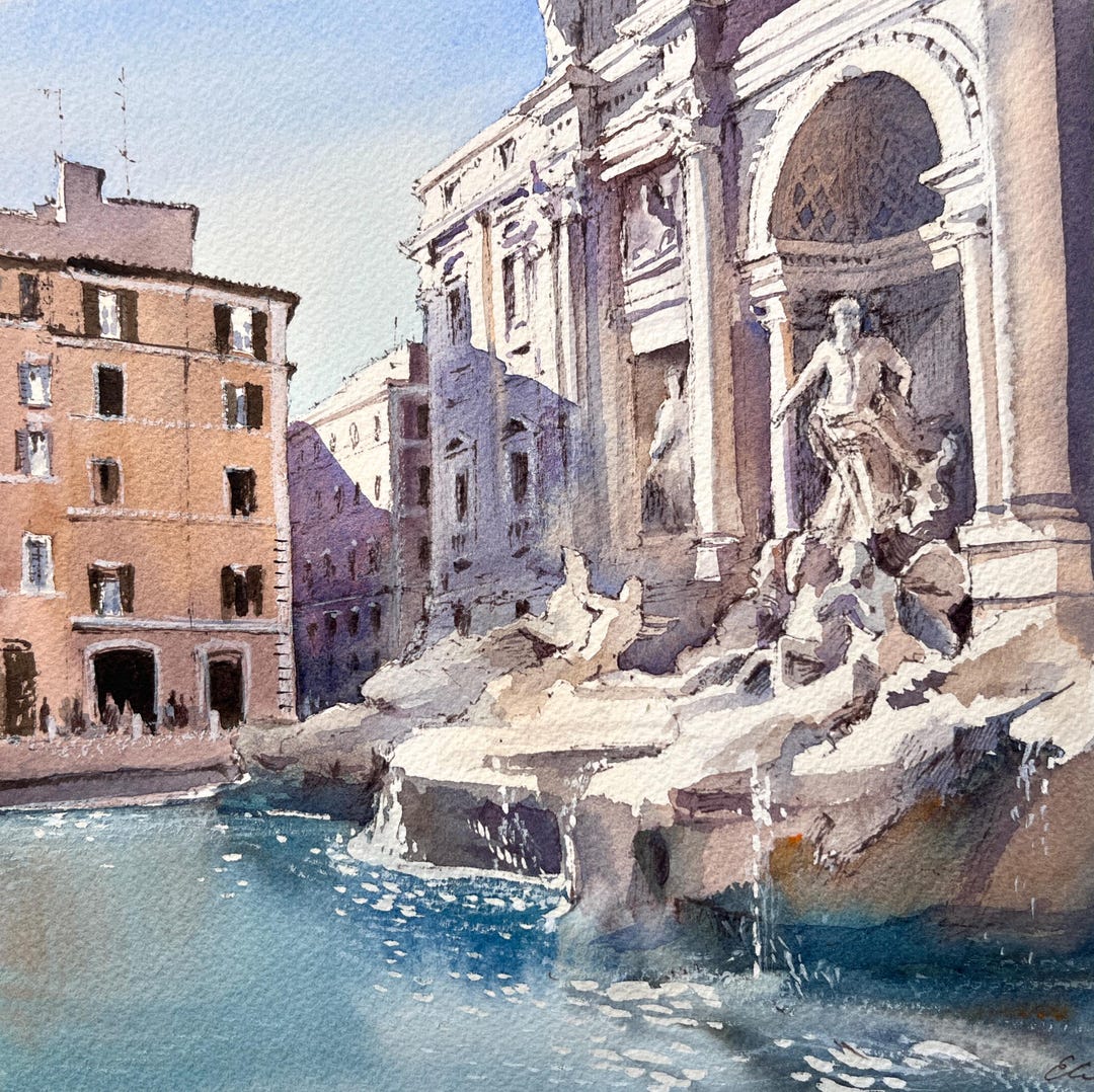 Rome Italy Original Watercolor Painting the Trevi Fountain Artwork - Etsy