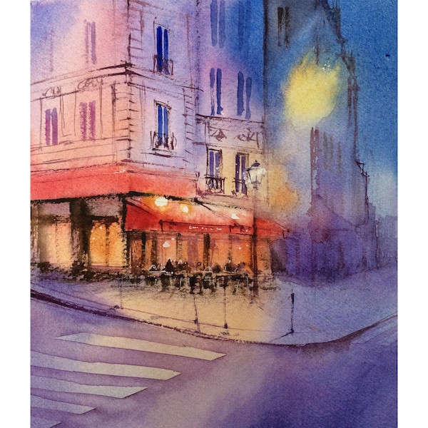 Paris Aquarelle Originale Paris Café Art Nuit Paris Peinture Paris Street View Paris Corner France Artwork