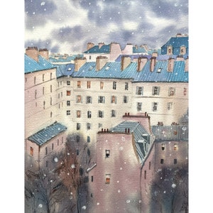 Toits de Paris Peinture à l&#39;aquarelle originale Œuvre d&#39;art sur les toits de Paris Peinture sur la vue parisienne Vue de la ville de France Art