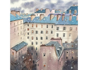 Paris Roofs Original Watercolor Painting Paris Rooftops Artwork Parisian View Painting France City View Art