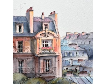 Paris Original Watercolor Painting Paris Balcony Artwork Parisian View Painting France City View Art