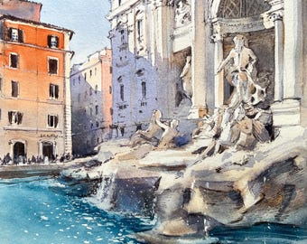 Rome Italy Original Watercolor Painting The Trevi Fountain Artwork
