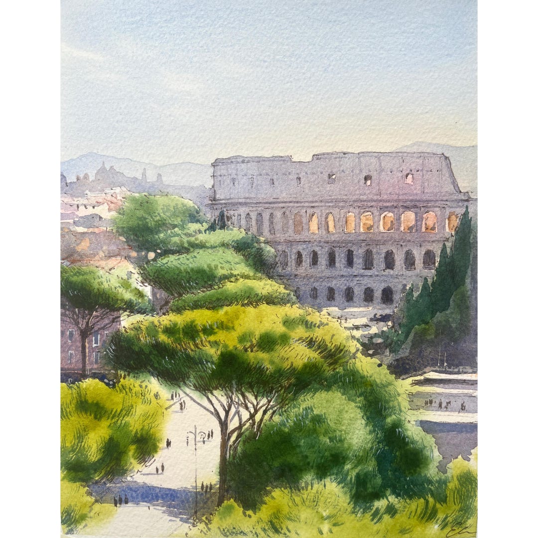 Rome Italy, Original Watercolor Painting, Сolosseum Artwork, Pine Tree ...