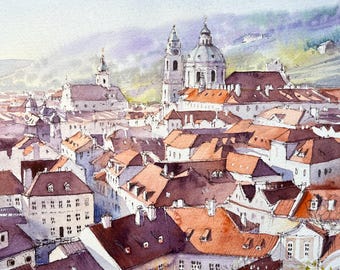 Prague Original Watercolor Painting Prague Rooftops View of the Roofs Czech Republic Painting CaterinaWatercolors