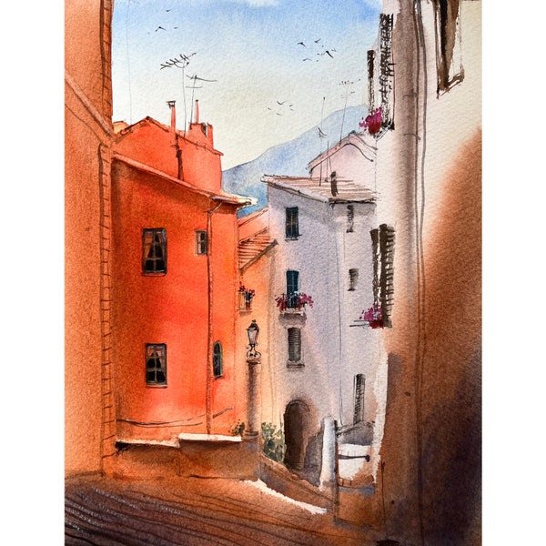 France Peinture originale à l’aquarelle Menton Artwork Provence-Alpes-Côte d’Azur Art, Français Riviera Painting, Architecture Aquarelle