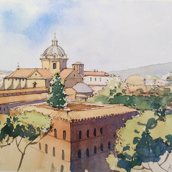 Rome originele aquarel schilderij Italië Rome daken artwork uitzicht op de daken Pine Tree schilderij Rome Cityview