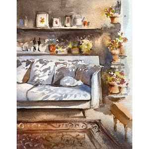 Cat on the sofa, original watercolor painting, Mediterranean room interior, cute kitten, cozy interior painting, small watercolor