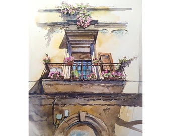Balcony Italy, Original Watercolor Painting, Italian Balcony Painting, Window Flowers Art, Wooden Shutters Watercolor, Italian Artwork