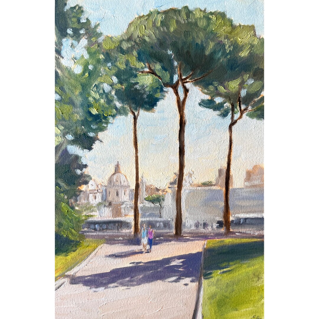 Rome Italy Original Oil Painting Pine Tree Art Rome Street Dome Artwork ...