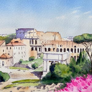 Rome Italy, Original Watercolor Painting, Сolosseum artwork, Pine Tree Painting, Rome Cityscape, Roman View Painting