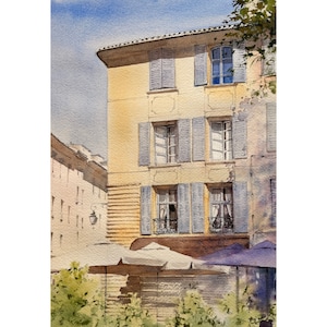 France Original Watercolor Painting Provence Artwork Provencal Town Painting French Restaurant Provence Architecture Watercolor