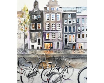 Amsterdam Original Watercolor Painting Netherlands Artwork Amsterdam Houses Art Canal Artwork Holland Painting Bicycle Painting