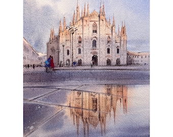 Milan Italy, Original Watercolor Painting, Duomo Di Milano Art, Milan Cathedral Artwork, Milan Cityview Painting, Italian City Art