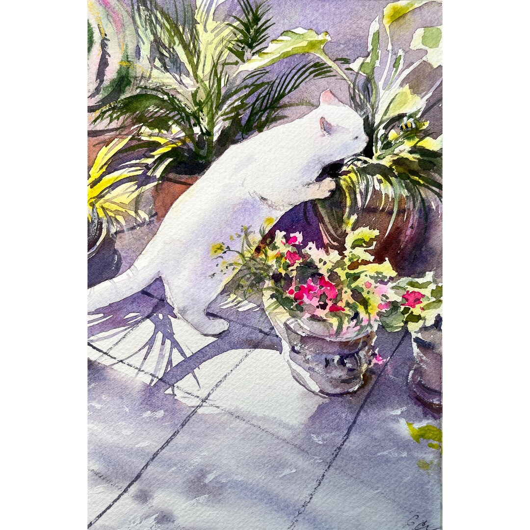 Cat Original Watercolor Painting Garden Art Bumblebee Painting Italy ...