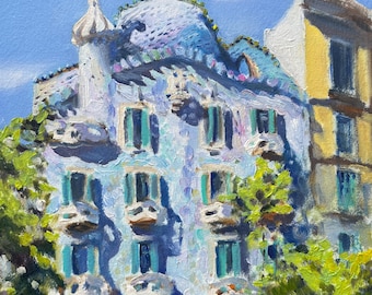 Barcelona Original Ölgemälde Spanien Kunstwerk Gaudí Architektur 8x8'' Spanische Kunst