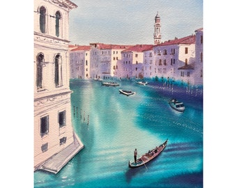 Venice, Italy, original watercolor painting, view of The Grand Canal, boats painting, colorful artwork, Europe art