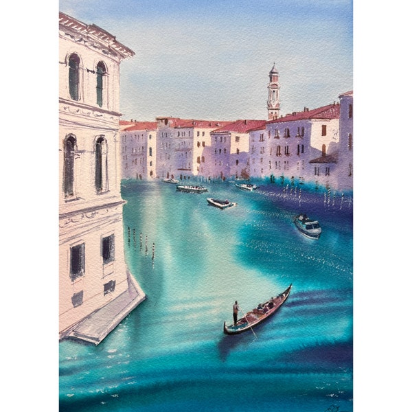 Venise, Italie, aquarelle originale, vue sur le Grand Canal, peinture de bateaux, œuvres d'art colorées, art européen