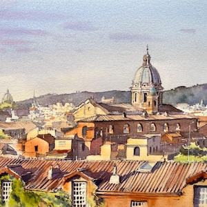 Rome Italy, Original Watercolor Painting, Rome Rooftops, View of the Roofs, Rome Cityscape, Pine Tree Artwork, Roman View Painting