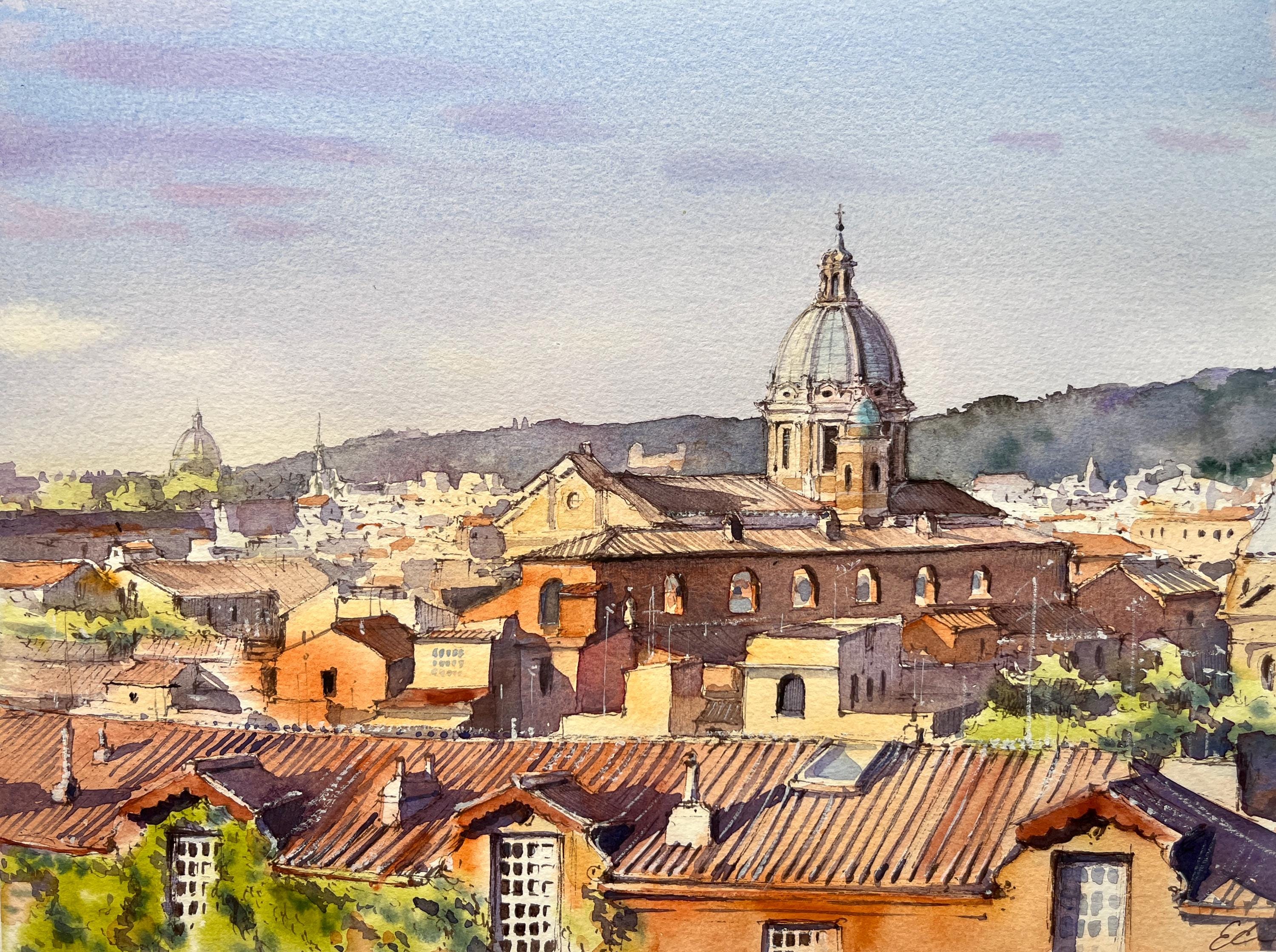 Rome Italy, Original Watercolor Painting, Rome Rooftops, View of the Roofs, Rome Cityscape, Pine Tree Artwork, Roman View Painting