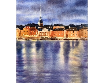 Stockholm Sweden Original Watercolor Painting Night Lights Painting Water Reflection Artwork Old Town Art Gamla Stan