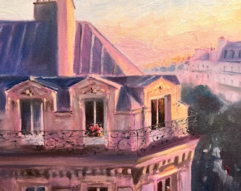 Pintura a óleo original de um telhado em Paris, 23x23 cm, com vista para Paris. Pintura a óleo de uma varanda em Paris, obra de arte francesa.