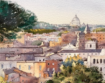 Rome Italy, Original Watercolor Painting, Rome Rooftops, View of the Roofs, Rome Cityscape, Pine Tree Artwork, Roman View Painting