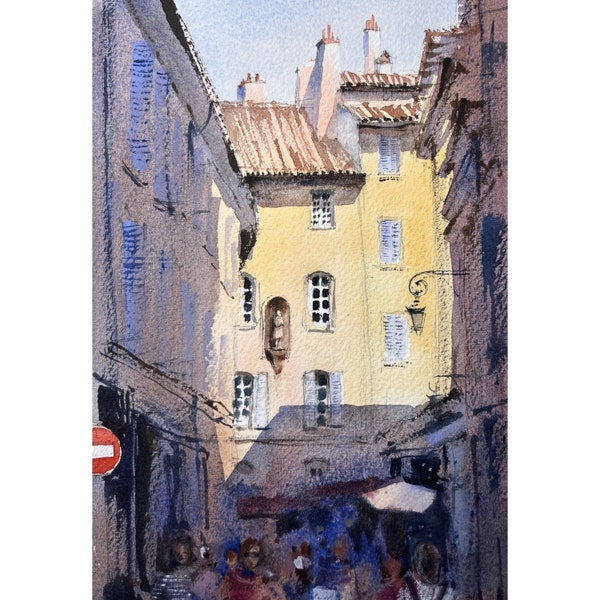 France Peinture aquarelle originale Provence Artwork Ville provençale Peinture Français Restaurant Provence Architecture Aquarelle