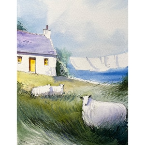 Ireland Original Watercolor Painting Irish Cottage Sheep Small Painting Original Art  Landscape