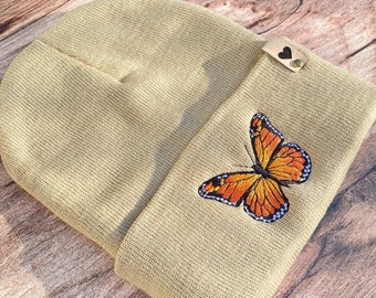 Embroidered monarch butterfly beanie, Women beanie, Winter hat, Embroidery beanie