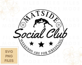 Może przedstawiać: Czarno-biała ilustracja walki zapaśniczej w kółku z tekstem "Matside Social Club" i "Weekends are for Wrestling".