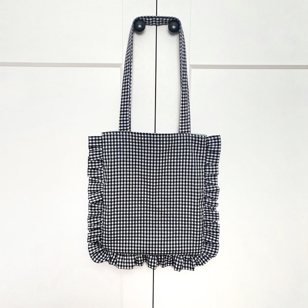 Tote tas met ruche/Vichy stoffen tas/boodschappentas