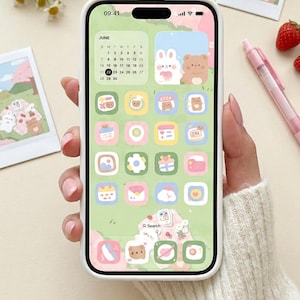 Cute Teddy Bunny: Aesthetic Cozy Lo-Fi Hand Drawn App Icon Theme for iOS Android Samsung iPhone iPad Tablet, Pastel Icons and Widgets.