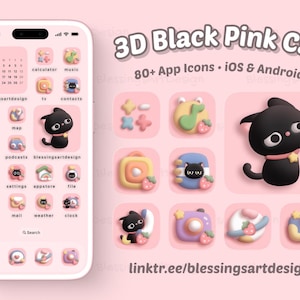 May include: A pink phone screen displays app icons with a 3D black cat theme. The image includes a calendar, calculator, music, and other app icons. The text "3D Black Pink Cat" and "80+ App Icons" are also visible.