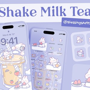 May include: A purple and white phone screen with a cartoon illustration of a milk tea with a straw and a bunny rabbit. The phone screen also has a clock that reads 9:41. The text "Shake Milk Tea" is at the top of the image. The text "@BlessingsArtDesign" is at the top right of the image.