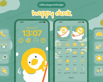 Happy Duck | iOS Icons Pack Bundle, iPhone Theme, App Covers, Icons Skin, Home Screen Set, Pastel Aesthetic, Hand Drawn, Widgets, Wallpapers