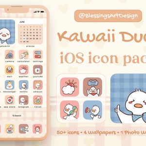 Kawaii Duck iOS Icons Pack: Pastel App Theme (Digital Download)