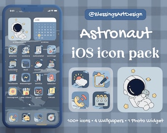 100+ Cute Astronaut Dark | iOS Icons Pack, iPhone Theme Black, App Cover, Icons Skin, Home Screen, Doodle, Cute, Mochi, Lo-Fi, Soft, Pastel
