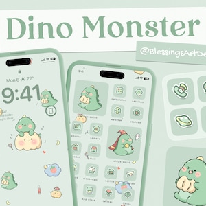 May include: A green and white phone screen with a dinosaur theme. The phone screen has a clock that reads 9:41 and the text "News today Your day is clear." The phone screen also has several icons, including a calculator, settings, weather, YouTube, calendar, mail, widgetsmith, messenger, Netflix, Telegram, app store, Twitter, and TikTok. The phone screen is surrounded by a green and white border.