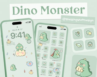 Green Dino Monster: Aesthetic Cute Cozy Lo-Fi Hand Drawn App Icon Theme for iOS Android Samsung iPhone iPad Tablet, Pastel Icons and Widgets