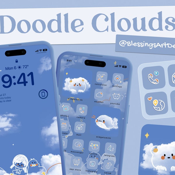 Doodle Clouds | iOS Icons Pack, iPhone Theme, App Cover, Icons Skin, Home Screen, Doodle, Cute, Mochi, Lo-Fi, Soft, Pastel