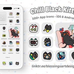 Może przedstawiać: Biały iPhone wyświetla ikony aplikacji z motywem czarnego kota, w tym kalendarz, kalkulator i muzykę. Obraz zawiera również tekst "Chill Black Kitty" i "500+ App Icons iOS & Android."